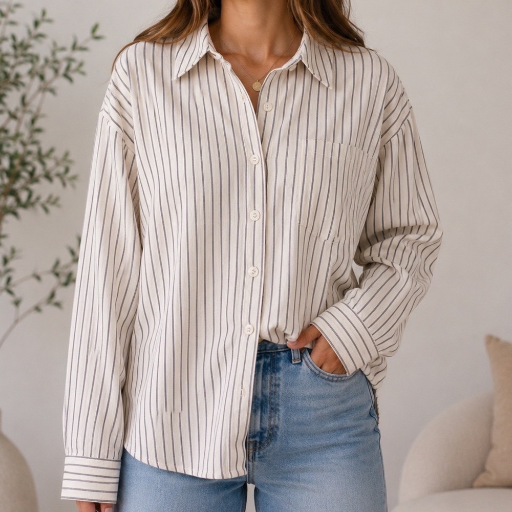 Maurices Striped Button Up Shirt Women's L Blue White Super Soft Pocket Blouse
